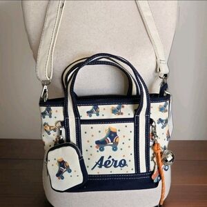 Aeropostale Mini Canvas Tote Bag Purse Roller Skating Pattern W/Coin Purse